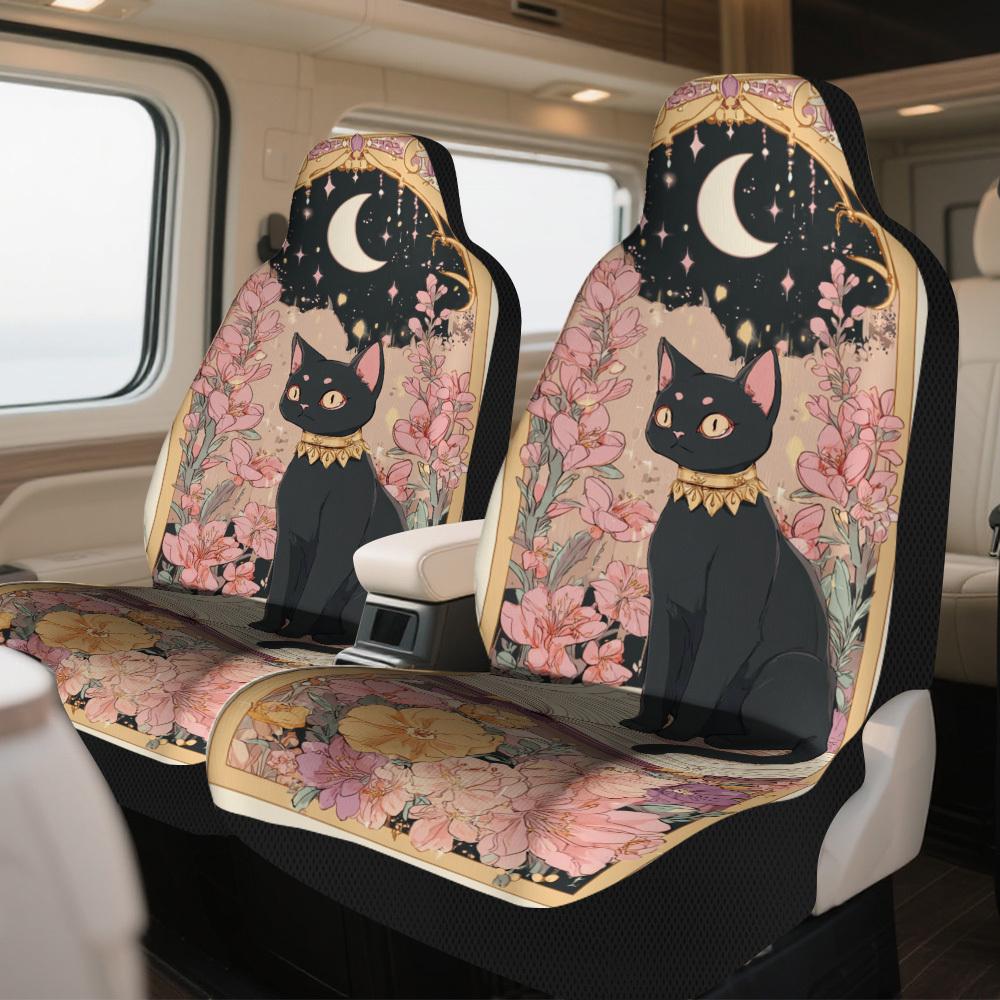 2pcs Decorative Celestial Feline Elegance Print Car Seat Covers | Universal Fit For SUV Sedan Truck, Stylish Washable Polyester