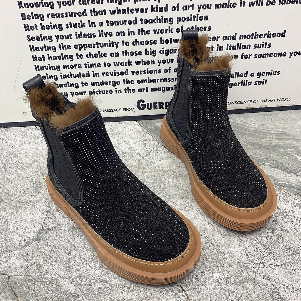 Winter Women Boots Warm Fur Snow Boots Antislip Platform Casual Ankel Boots Plus Size Fashion Rhinestone Women Cotton Shoes