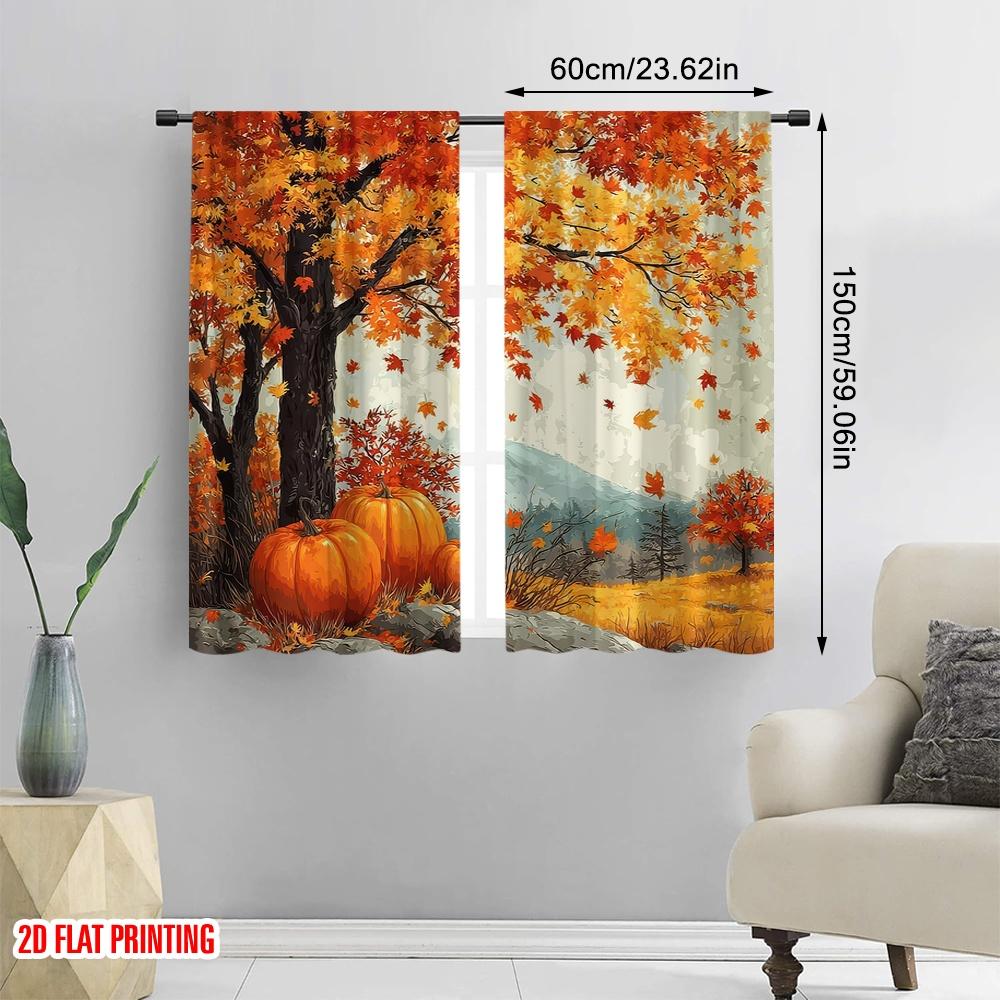 Flat Printing Drapes Autumn Pumpkin Maple Leaf Versatile Durable Polyester Without Electricity Family Party Perfect Curtains Set Of 2 Made