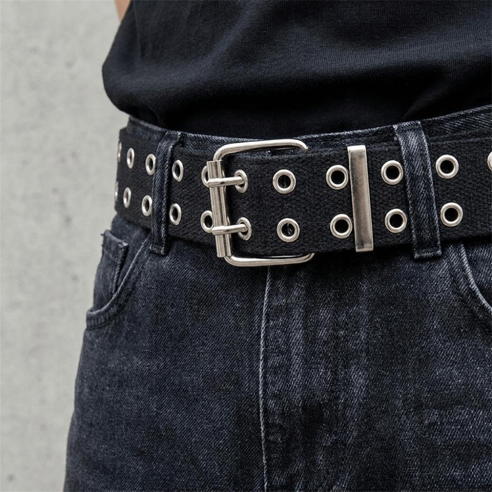 Solid Color Canvas Waist Belt Double Row Woven Belts Versatile Men's Belt  Jeans Wear