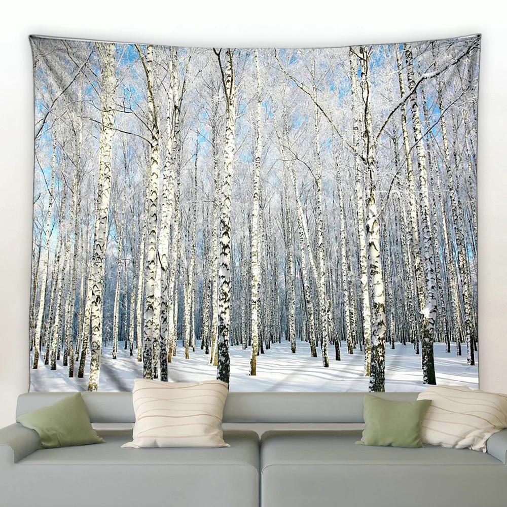 Fereastră Exterior Fulg de Nea Pădure Tapiserie Tapiserii Peisaj de Iarnă Agățat de Perete Decor Artă Acasă Pătură pentru Dormitor Camera de Zi
