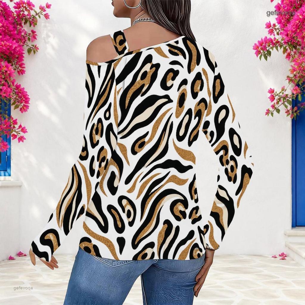 Women Plus Size Fitted Leopard Print Asymmetric Cutout Neck Cold Shoulder Long Sleeve Shirt