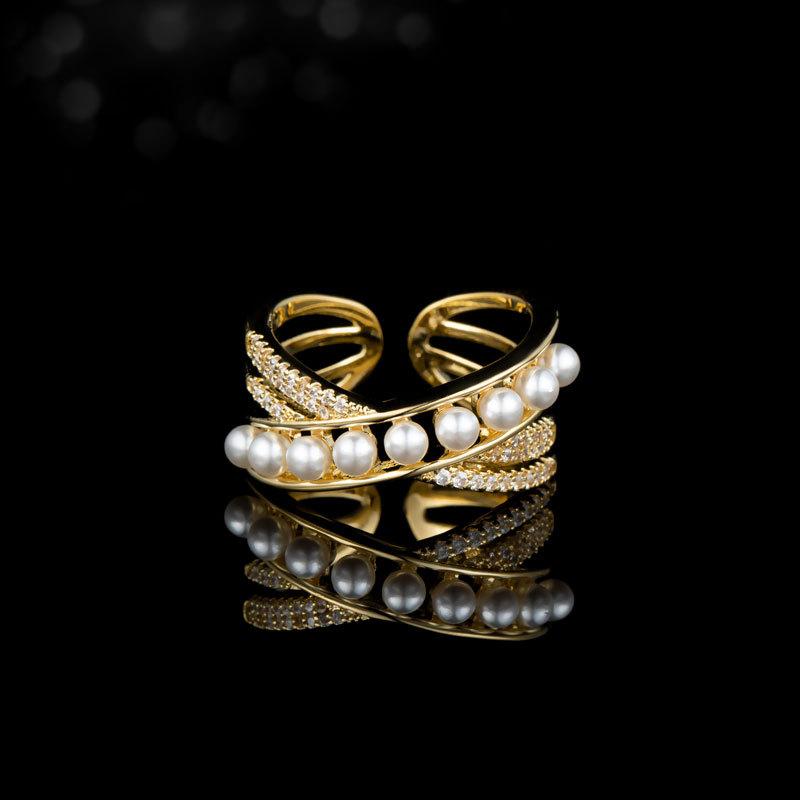 Cross Pearl Hollow Open Ring Fashion Light Luxury Imitation Pearl Micro-inlaid Zircon Ring Adjustable Index Finger Ring