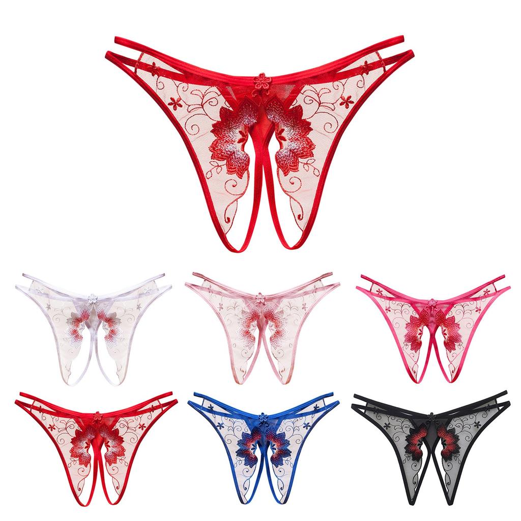 Women Low Waist Sexy Panties Flower Embroidery Crotchless Transparent Mesh Thongs Hollow Out Underwear Womens Lace Sexy Lingerie