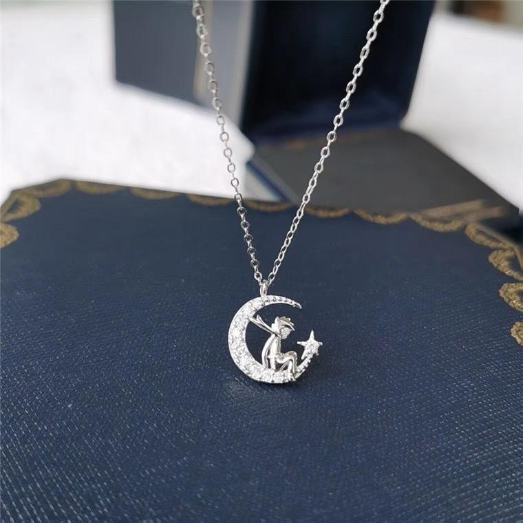 S925 Sterling Silver Little Prince Moon Zircon Pendant Necklace , Cute Cartoon Jewelry for Women , Summer Trendy Commute