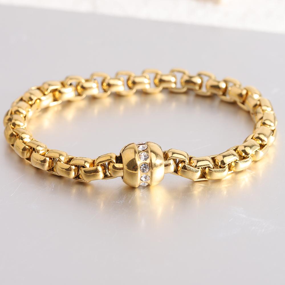 Street Trendsetter Rap Personality Versatile 7MM Square Round Bead Stainless Steel Bracelet 18K Gold