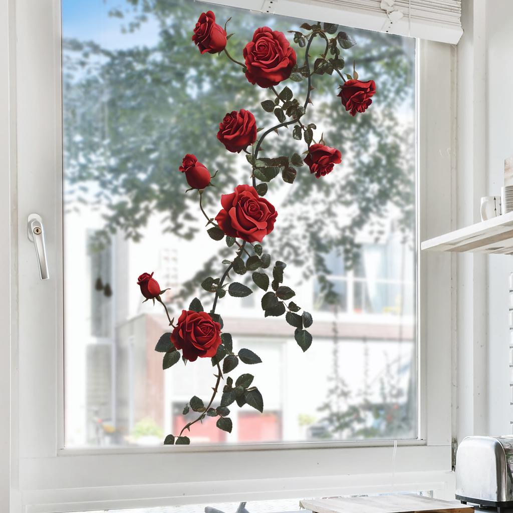 Romantic Red Rose Window Sticker Bathroom Door Glass Decoration Self-Adhesive Decal