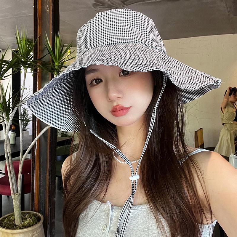 Korean Style Plaid Wide-brimmed Sun Protection Bucket Hat for Women - Spring/Summer Elegant Hiking Accessory with Face-Flattering Design.