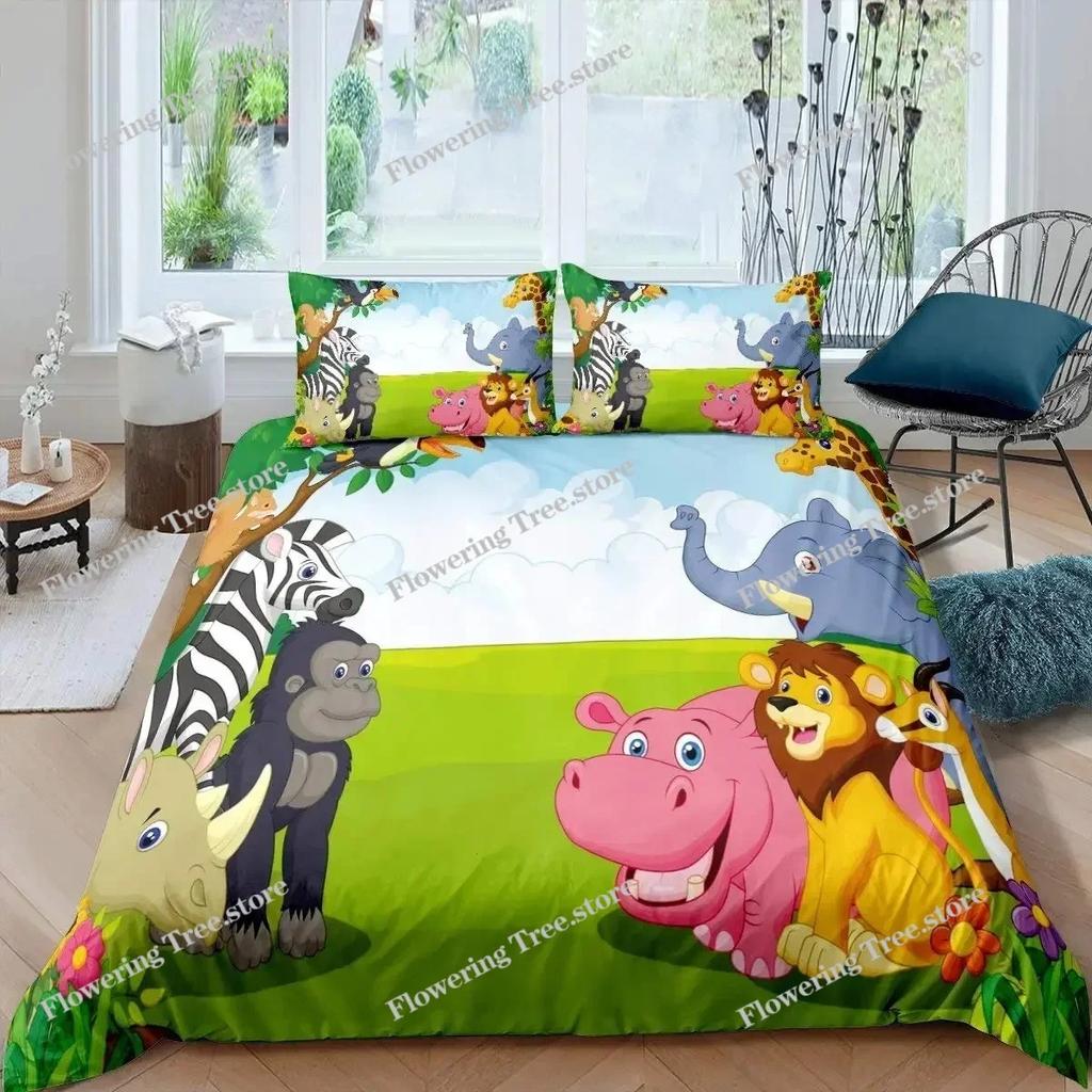 Cartoon Animals Duvet Cover Set King Size Savannah Tropical Forest Jungle Wildlife Bedding Set Kids Zoo Polyester Quilt Cover