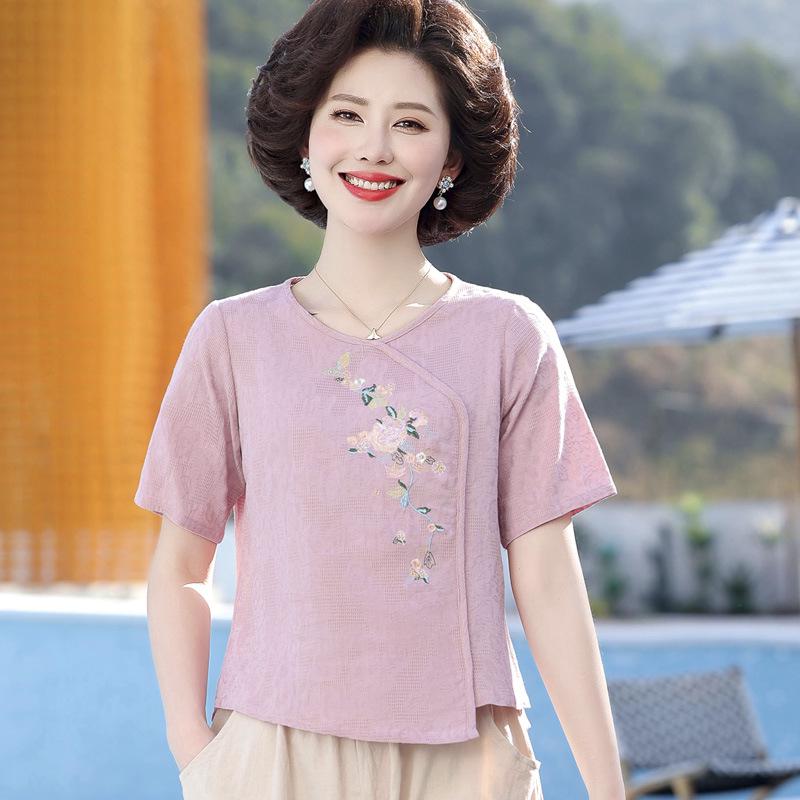 

Embroidered Cotton & Linen Short-Sleeve T-Shirt for Mid-Aged & Elderly Women - Ethnic Style L (80-100 lbs) розовый/фиолетовый