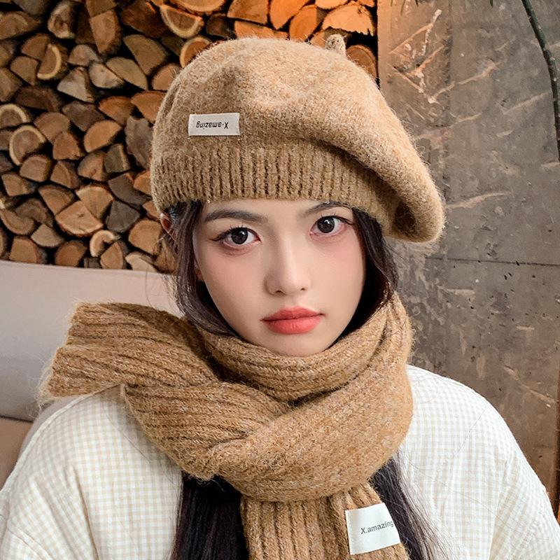 

Высококачественный комплект из шапки и шарфа, зимний теплый с защитой ушей, вязаный шерстяной берет, модная шляпа художника