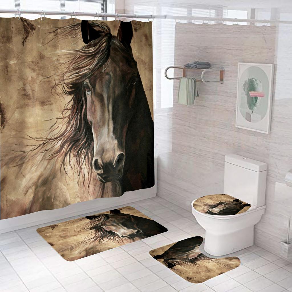 Horse Running Shower Curtains Bathroom Decor Aniaml Printed Waterproof Polyester Fabric Home Bath Bathtub Curtain Set With Hooks
