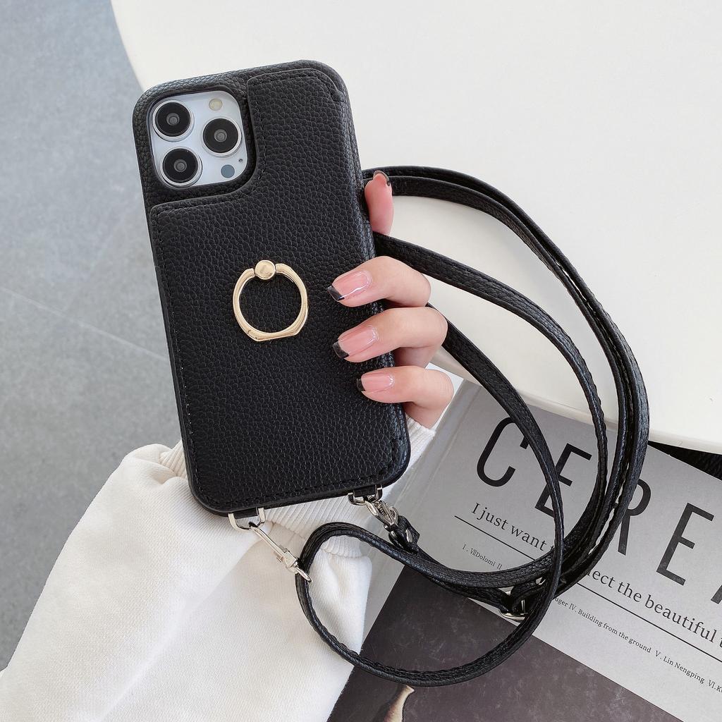 Suitable for iPhone14Pro Mobile Phone Case iPhone15 Lychee Pattern Card Beauty Mirror Diagonally Across Mobile Phone Case