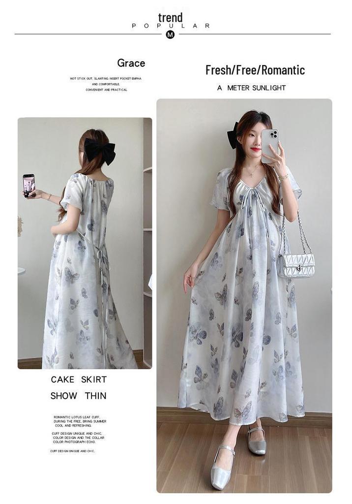 2026 Summer Floral Print Waist-Cinched Long Maternity Dress