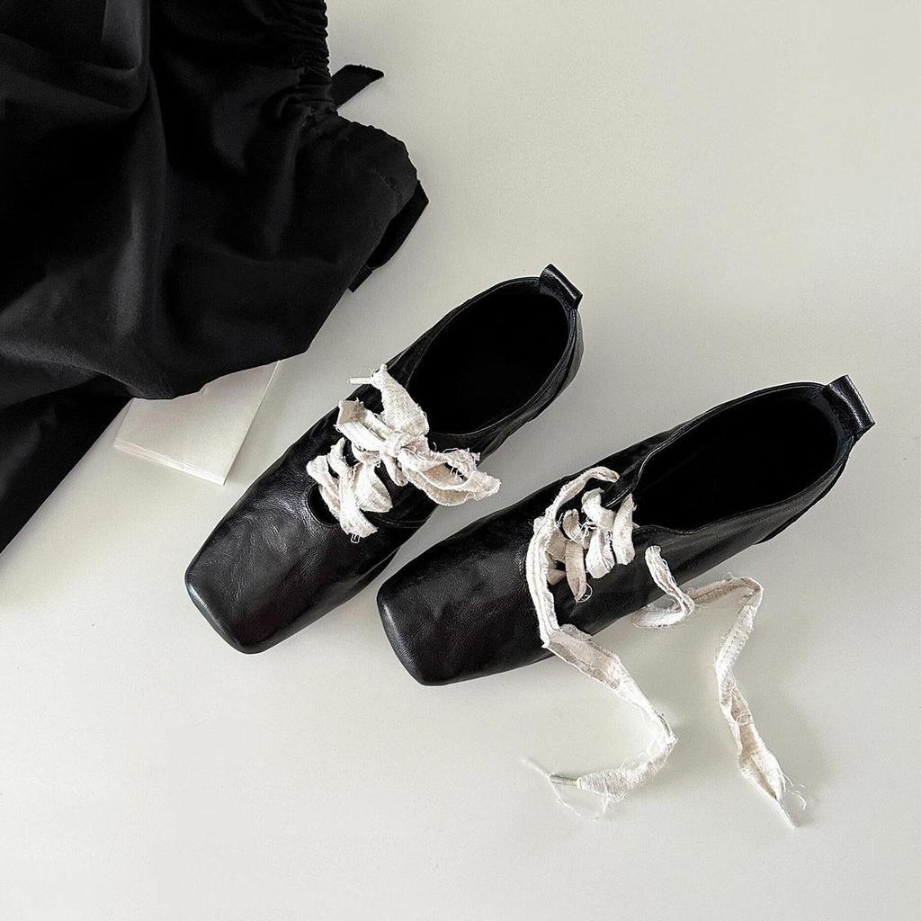 Leather version retro literary square head small leather shoes women's high sense thick heel lace-up temperament loafers shoes versatile single shoes