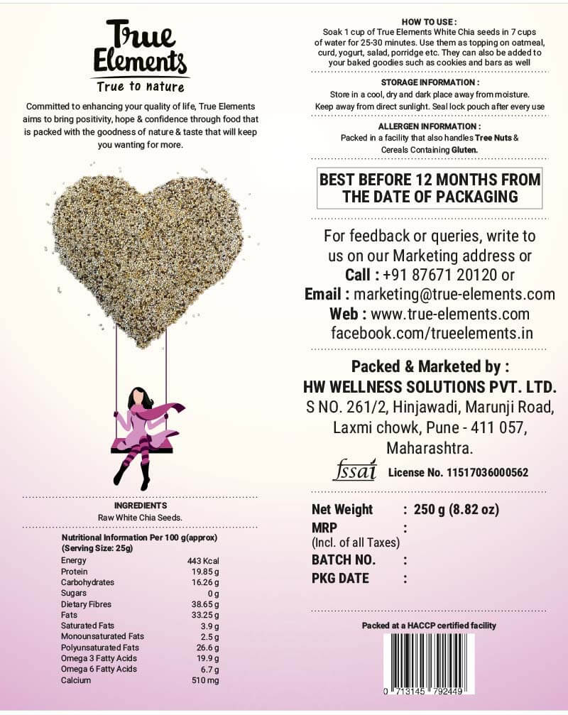 Raw White Chia Seeds (250 G), Raw White Chia Seeds, True Elements