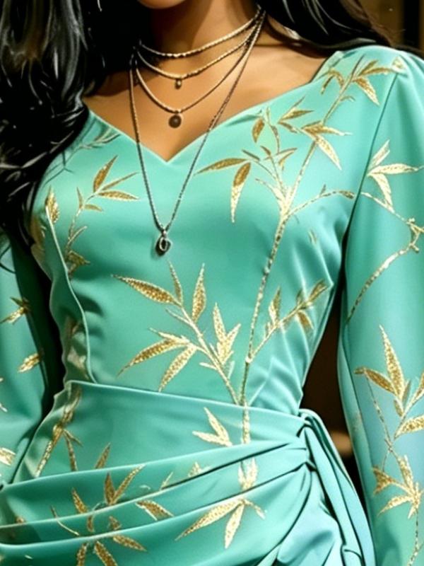 Women's Gradient Green Gold Bamboo Print Maxi Dress V Neck Wrap Waist Flare Sleeve Party Gown