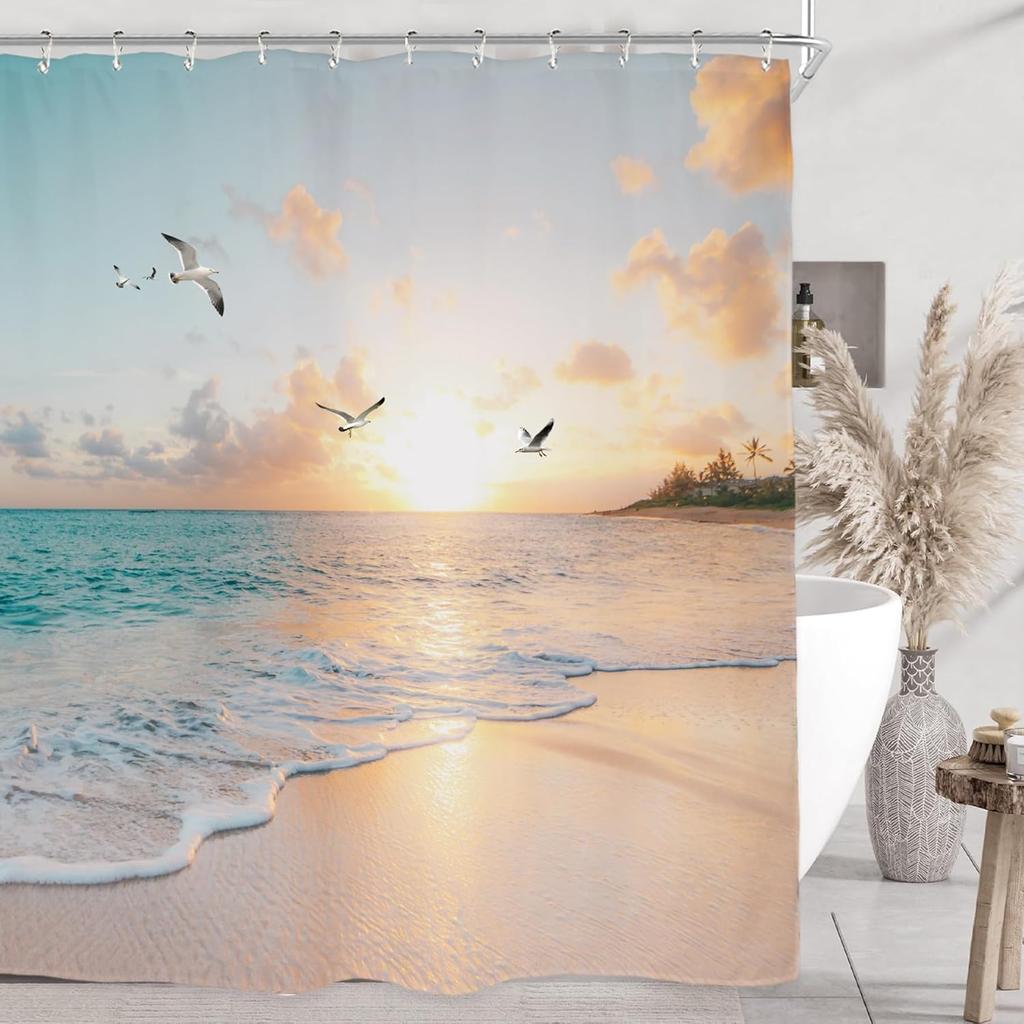 Miyotaa Beach Coastal Shower Curtain Set 60Wx71H Inches Sea Ocean Sunrise Sunset Scene Wave Seagull Hawaiian Seaside Waterproof Bathroom Curtain with