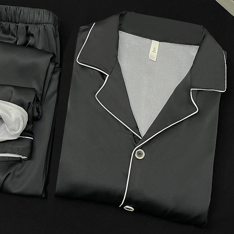 Men's Luxury Fleece-Lined Ice Silk Pajamas: Long Sleeve Satin Set for Fall/Winter, Wear Indoors or Outdoors