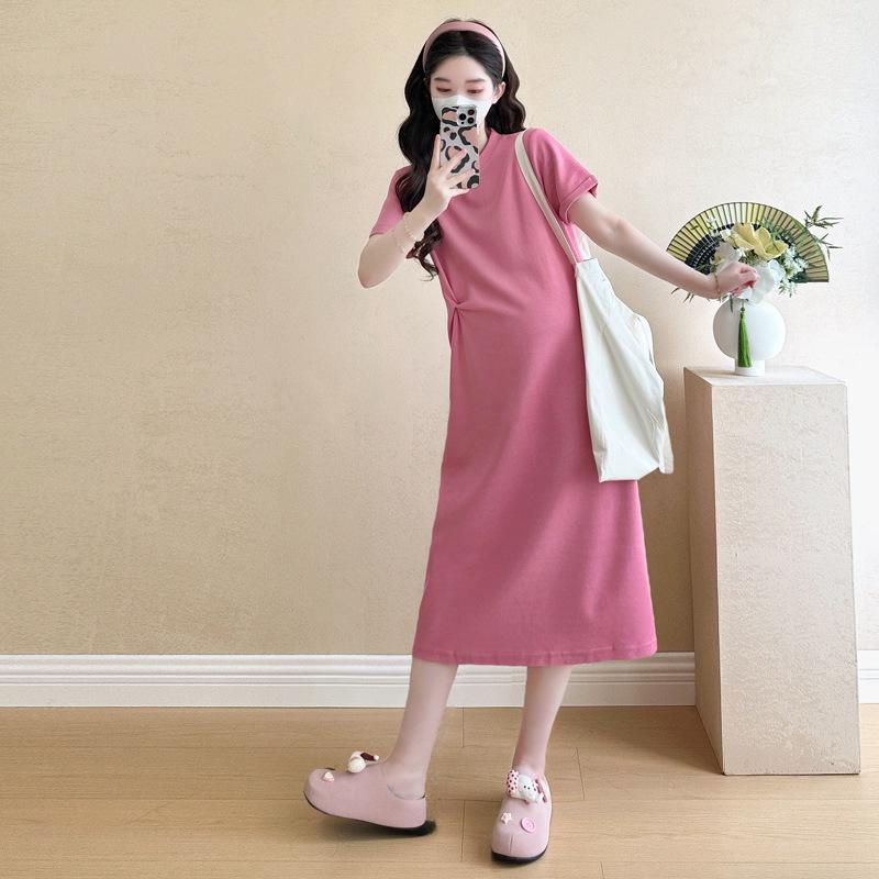 2026 Summer Classic Round Neck Slim-Fit Knitted Maternity Dress with Knot M