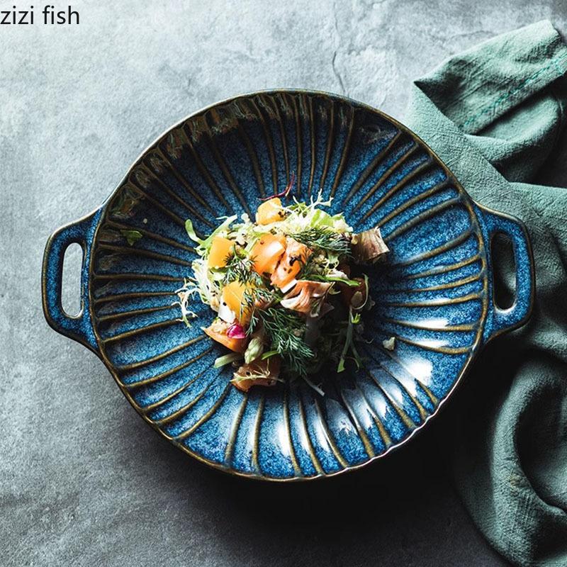 Relief Stripe Ceramic Double Ear Plate Salad Plate Dessert Plate Snack Plates Restaurant Molecular Cuisine Creative Tableware