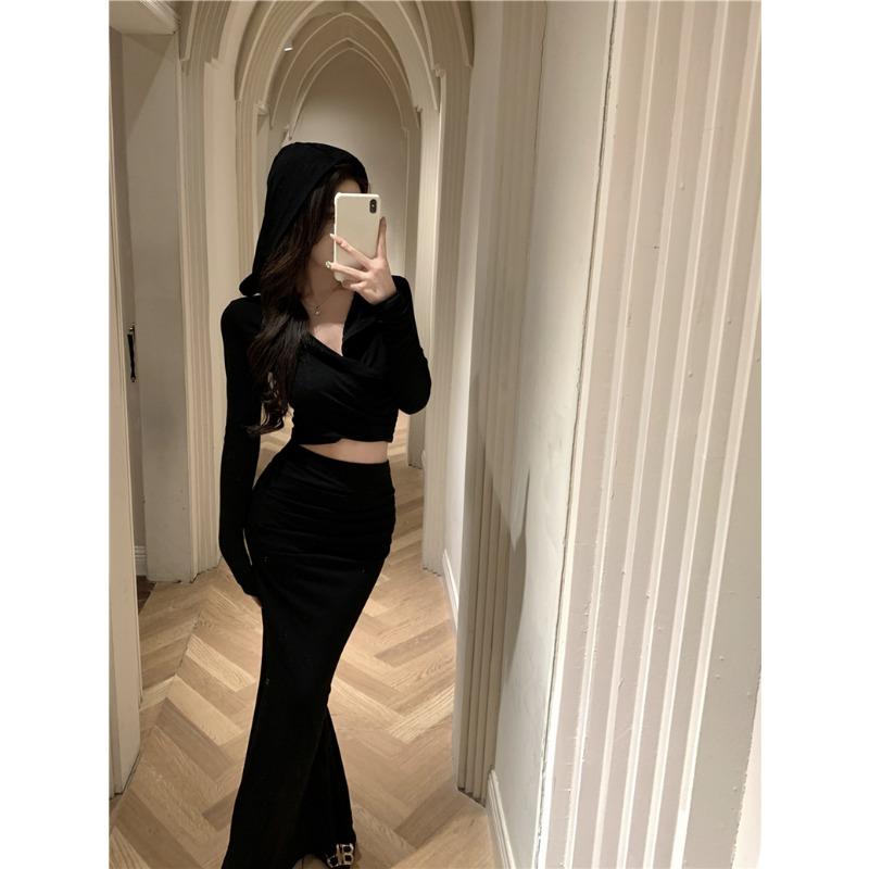 Fashion Elegant Long Sleeve Hoodie Top and High-waisted Fishtail Hip Skirt Suit for Women Spring Autumn Casual Slim Fit Simple Clothes Outfits 2845