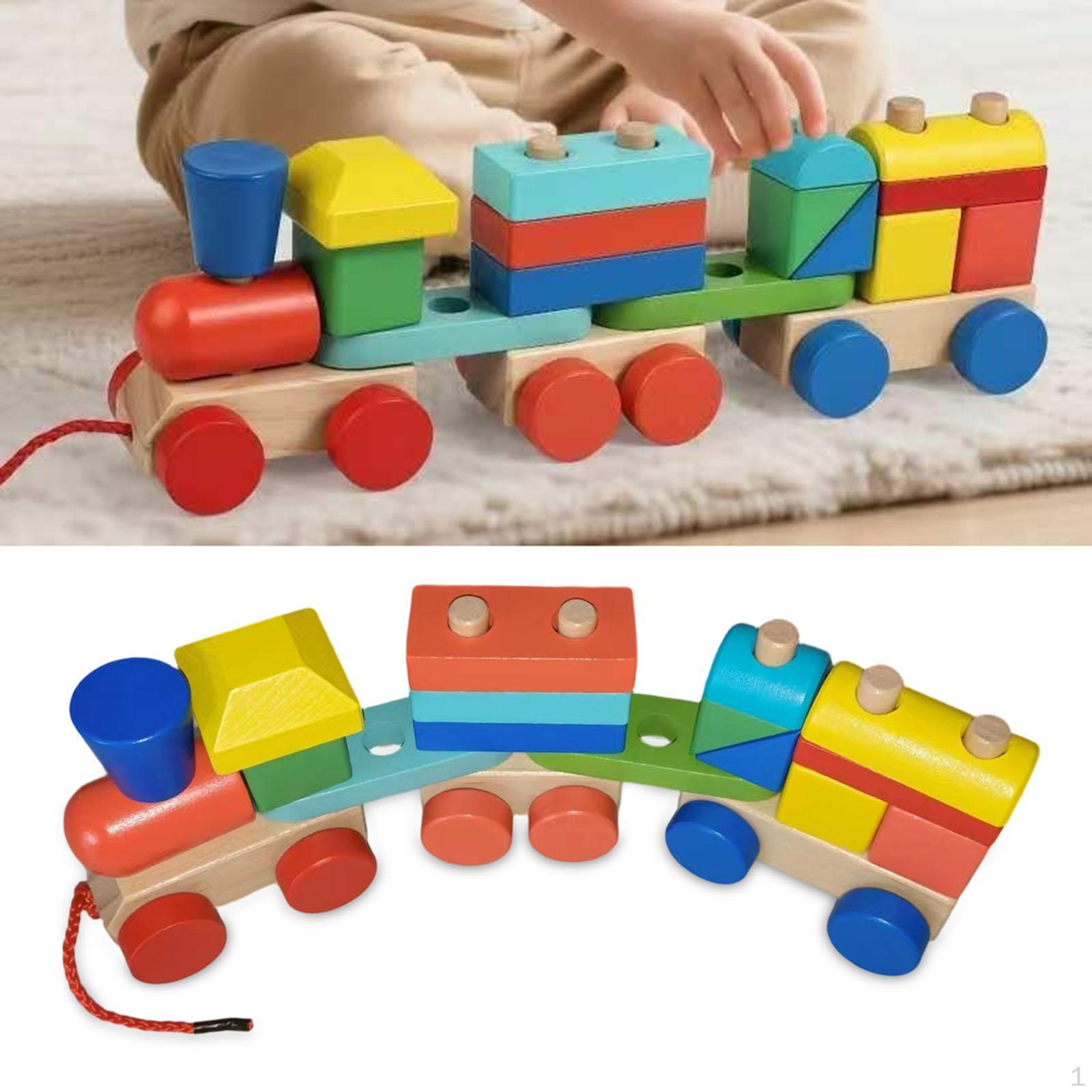 Wooden Stacking Block Train Toy Building Blocks Interactive Game Towable Early Learning Toys for 2-4