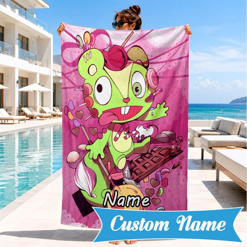 Custom Name Happy Tree Celebration Heart In Space Adventure Microfiber Beach Towel, Lightweight for Summer Travel, Swimming Pool Fan Gift