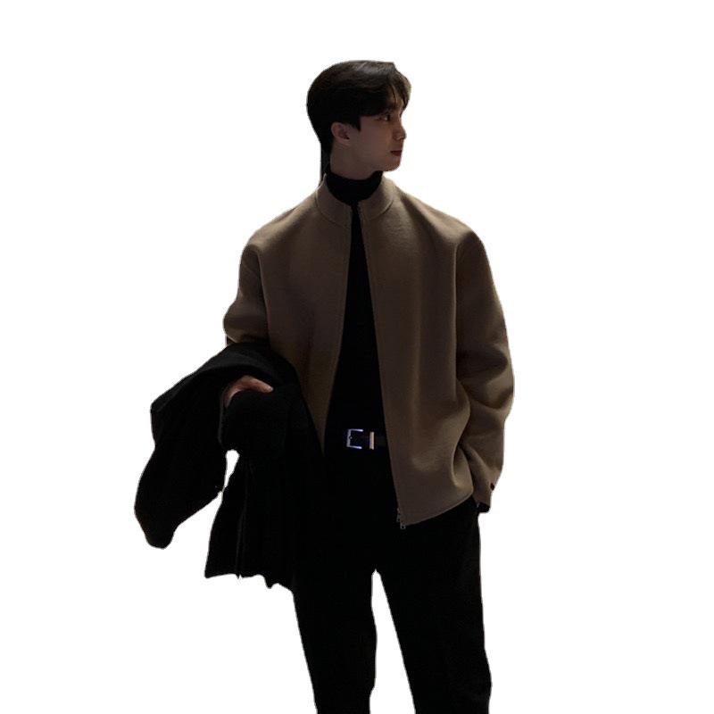 Men's Korean Style Wool Bomber Jacket - Spring Trend, Stand Collar, Solid Color, Cool & Handsome Design.