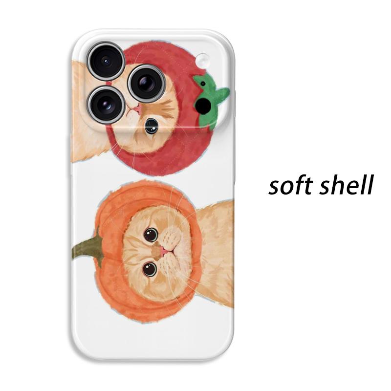 Elegant Watercolor Fruity Orange Pumpkin Cat Graphic Art Film Aesthetic Protective Shockproof Bumper Case Cover For iPhone 14 15 16 Pro Max Plus