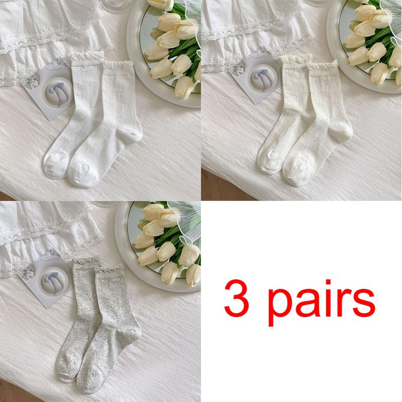 3 Pairs Spring/Summer Women's Thin Hollow-Out Mid-Calf Socks Ballet Bubble Tongue Lace Socks for Girls Women