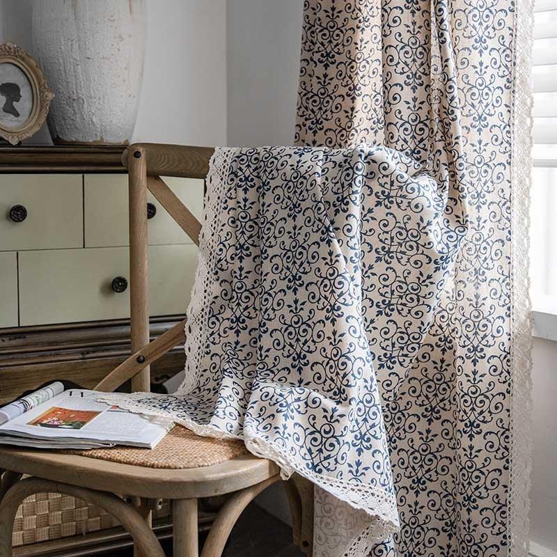 Cotton Linen American Country Retro with Sun Lace Tassel Curtain Easy Drape Window Curtains for Living Room Kitchen Valance