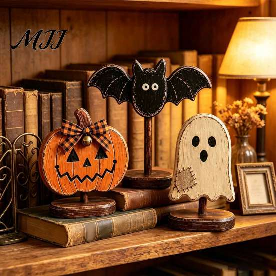 Housewarming Gifts for Home Lovers Halloween Wooden Tabletop Decor, Vintage Pumpkin Ghost Bat Figurines, Rustic Farmhouse Autumn Atmosphere