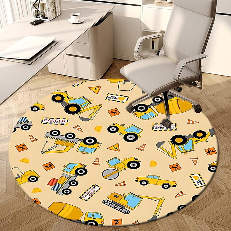 1PC Construction Trucks Non-Slip Floor Round Carpet, Office, Family, Bedroom, Large Area Rug Indoor Rugs, Durable Polyester-Z0412