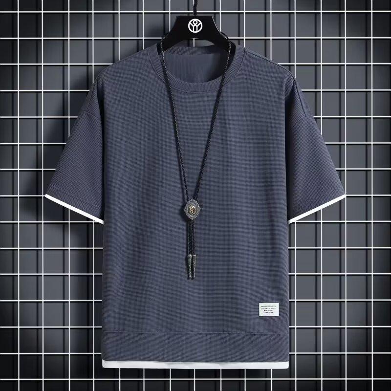 Men's Summer Short-Sleeved T-Shirt Casual Fake Two Piece Simple Shirt Loose Crewneck Tops