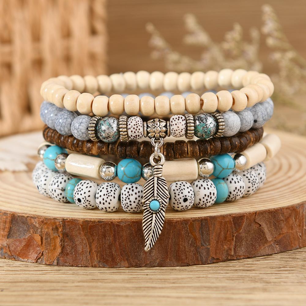 

Элегантный бирюзовый браслет в стиле бохо для женщин, многослойный комплект украшений из натурального камня и дерева для мужчин, праздничные украшения Five-piece wooden bead bracelet