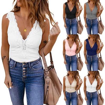 Women's Summer Lace Print Solid Color V Neck Sleeveless Tank Tops Slim Fit Sleeveless Tops
