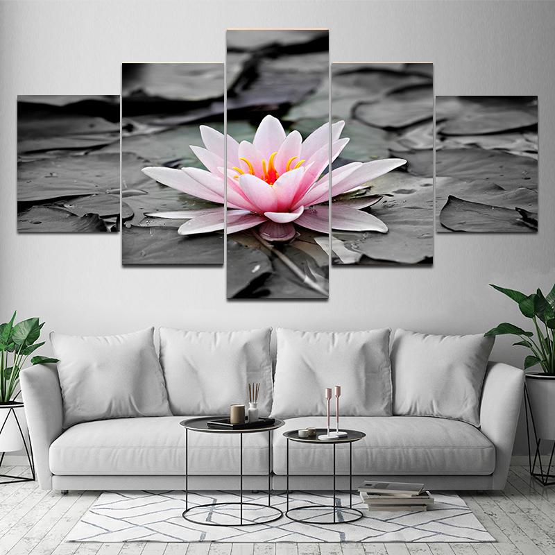 5 Pieces Natural Landscape Black and White Lotus Canvas Painting Posters and Prints Wall Picture Living Room Home Decor No Frame