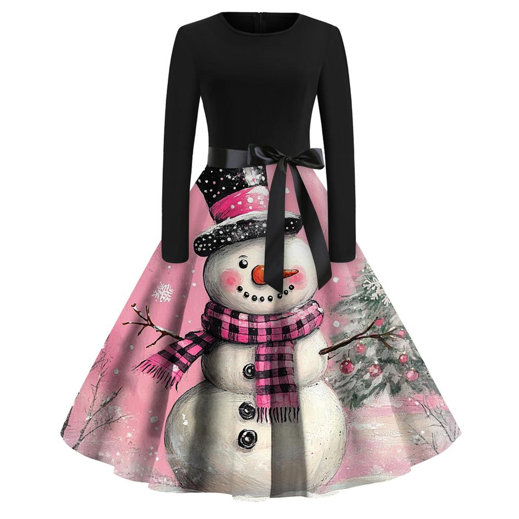 Women's Fashion Round Casual Slim Fit Christmas Print Large Swing Long Sleeve Dress