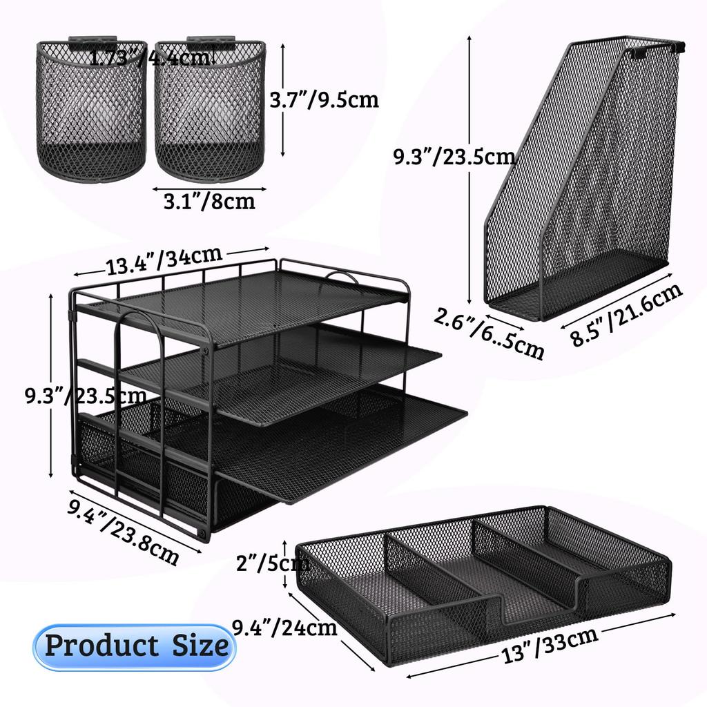 ATOMUS Desk File Organizer with 2 Pen Desk Accessories Workspace Drawer for Office Supplies 4-Tier Organizer, Holders, & Organizer, Design, (Black)