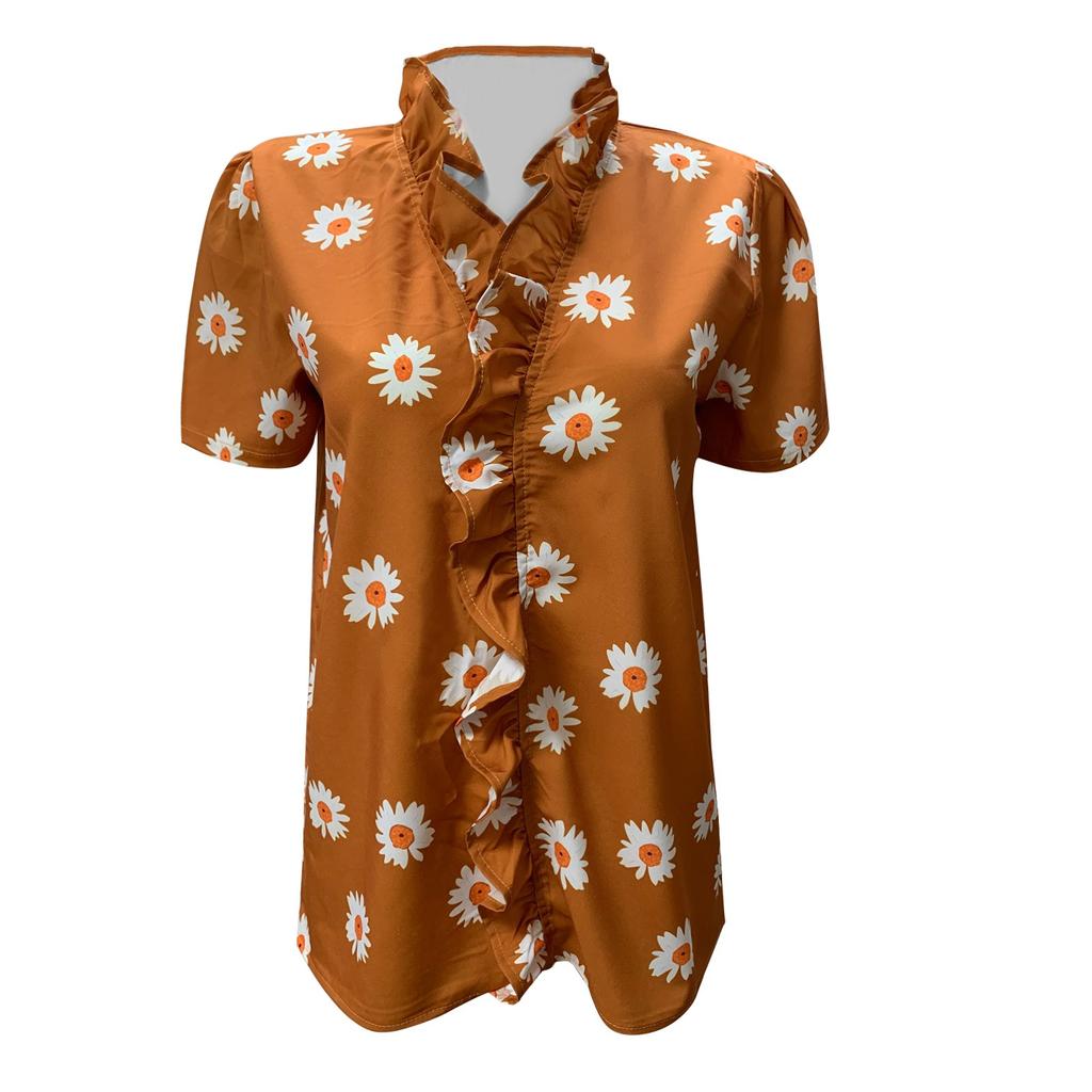 Fashions Women Temperament Button V-neck Sleeve Blouse Casual Shirt