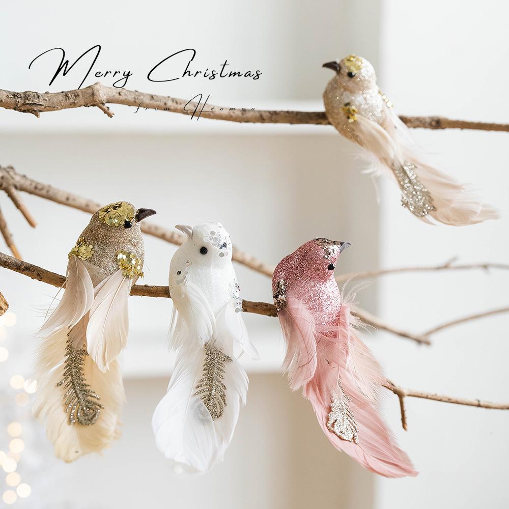 2PC Glitter Christmas Birds Artificial Foam Feathers Couple Bird Pendants for Home Wedding Party XMAS Tree Realistic Decoration