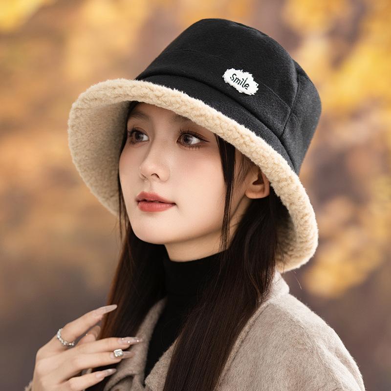 Japanese New Thickened Plush Smile Fisherman Hat Autumn and Winter Outdoor Windproof and Warm Basin Hat Versatile Bucket Hat