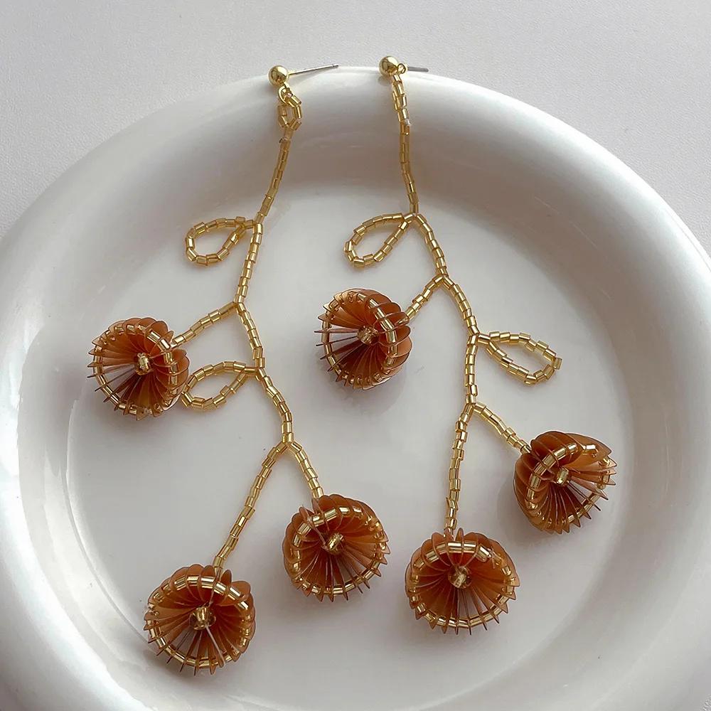 Women Grey Crystal Knitted Flower Jellyfish Long Tassel Dangle Earrings Unique Design Gift кофейный