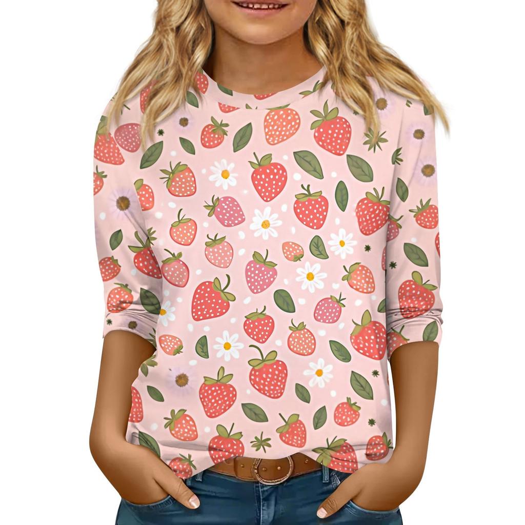 Kinder 3/4 Ärmel Tops Casual Print T-Shirt Rundhals Pullover Bluse