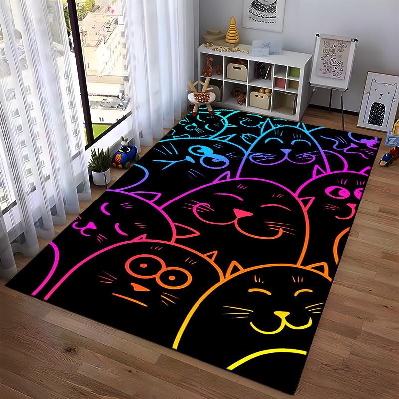 Colorful Neon Cats Pattern on Black Background Carpet1Cute Cartoon Cat Faces Design Suitable for use as an anti-slip1 for1room and bedroom sofas