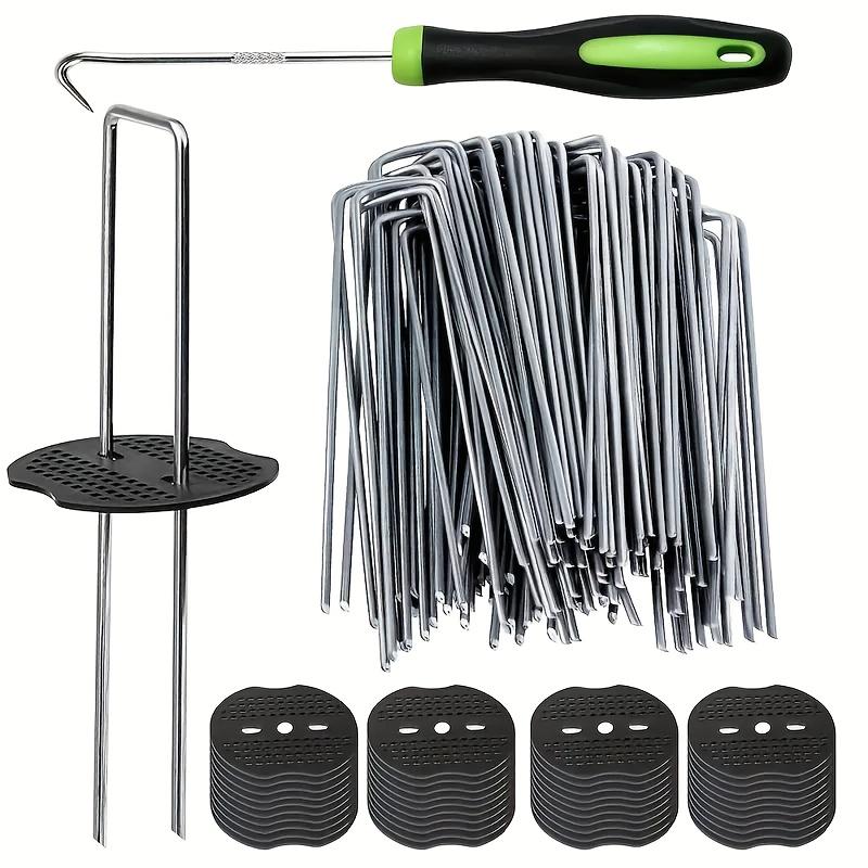 101pcs U-Shaped Galvanized Landscape Staples Garden Stakes Set with Plastic Fixing Washers And Installation Hook Tool for Weed