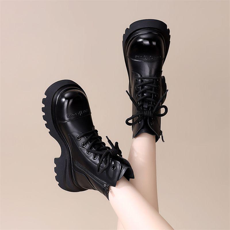 Britische Stil Damen Schwarz Martin Stiefel - Herbst/Winter 2025, Mit Dickem Absatz, Höhensteigernd, Samtgefüttert.