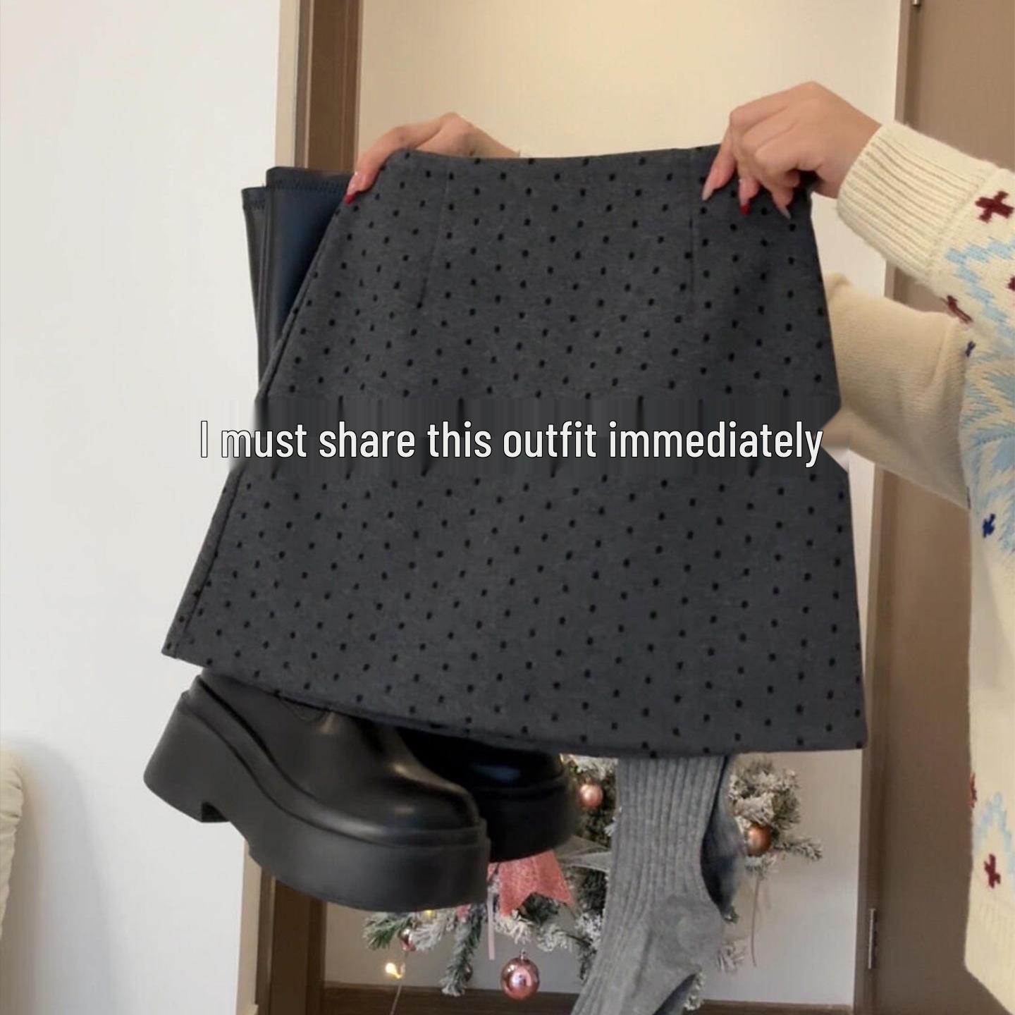 Petite Polka Dot Wool Blend Bodycon Skirt - Women s Korean Style, Autumn/Winter, Versatile Mini Skirt Medium серый