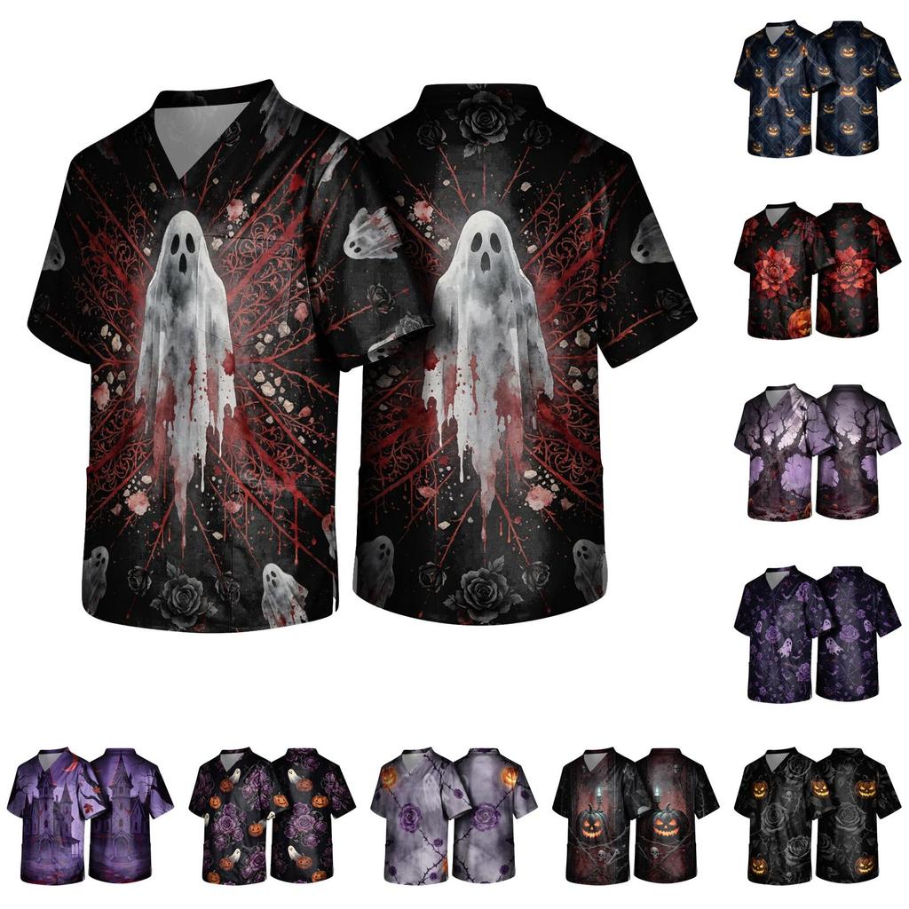 Men's Halloween Print Scrub Top Short Sleeve for Work Uniform